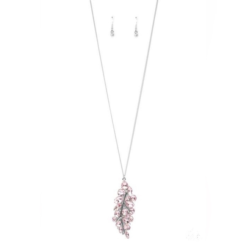 *Long silver and pink rhinestones left pendant necklace.